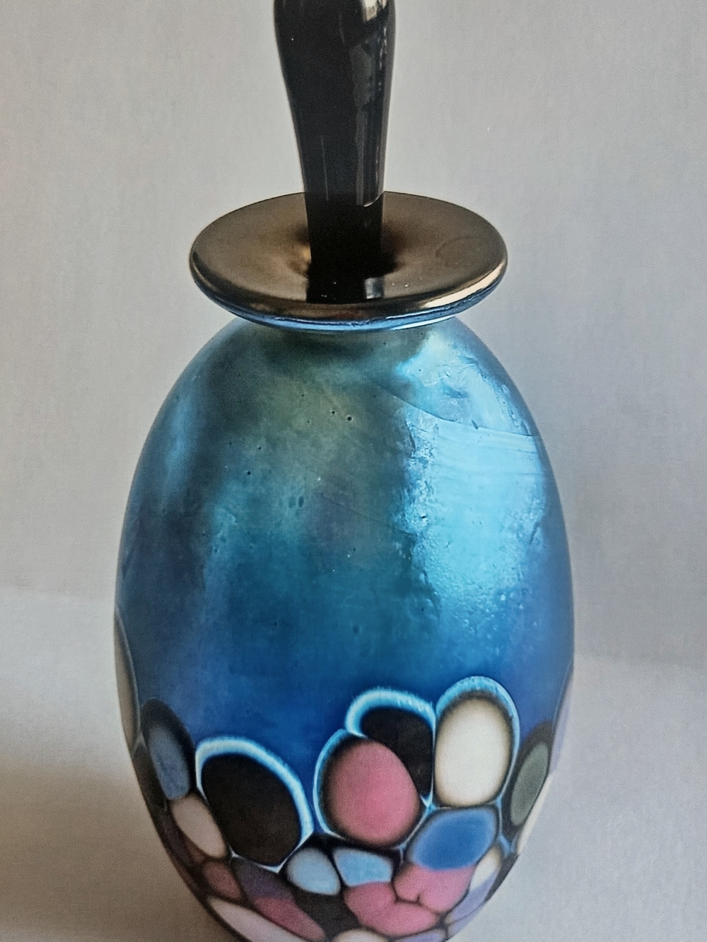 Blue Art Glass Perfume Bottle with Multicolor Millefiori Base
